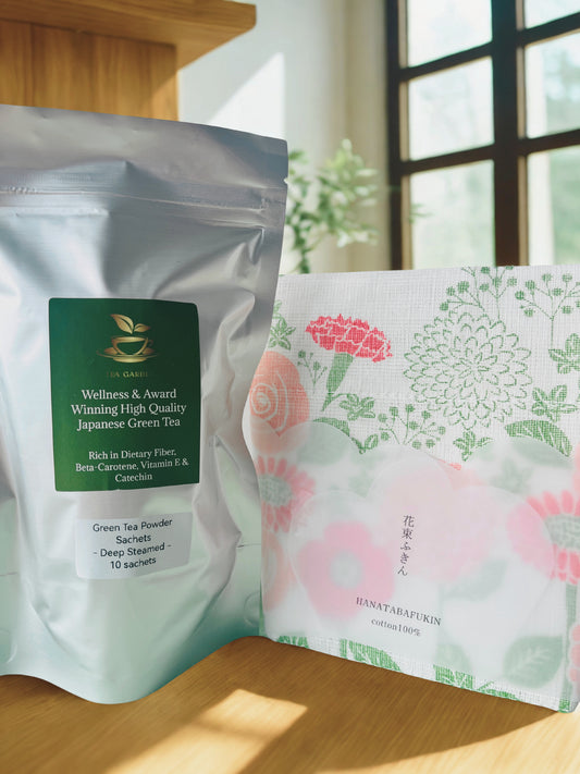 10 Sachets Deep-steamed green tea & 1 Fukin (Kitchen cloth) 100% cotton